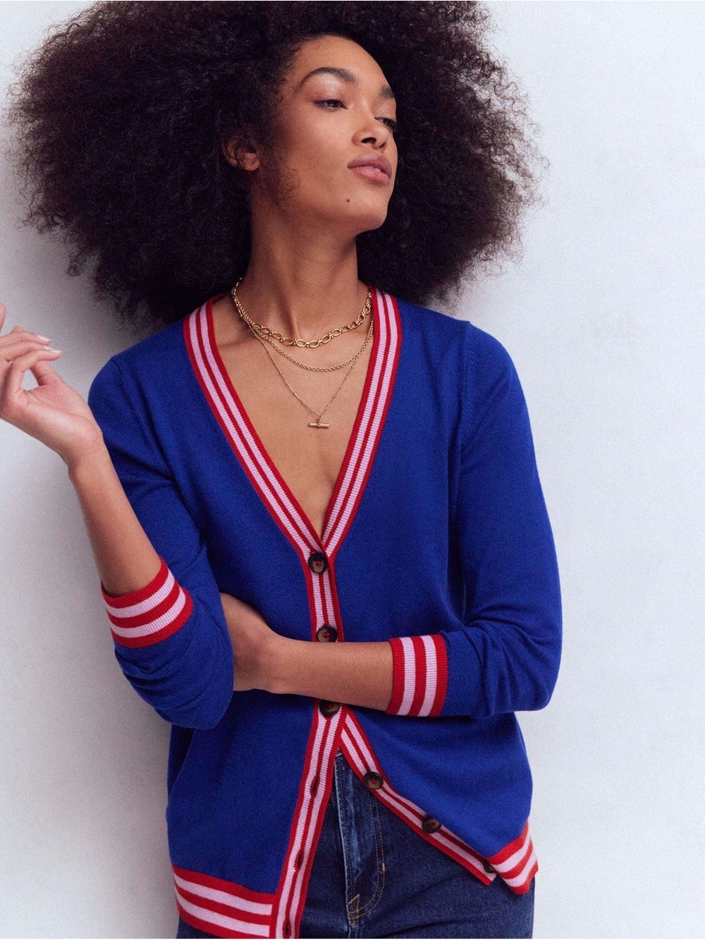 Boden Blue V-Neck Longline Cardigan Pink & Red Detail